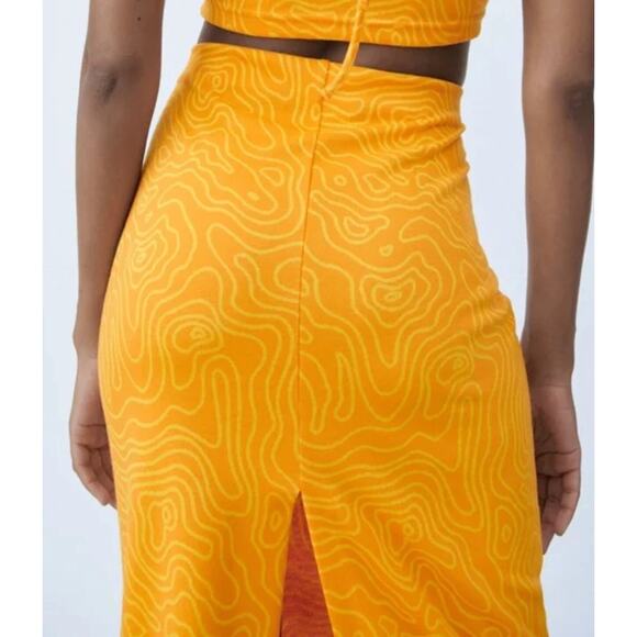 ZARA Abstract Printed Keyhole Cutout Tie High Waist Midi Skirt M Orange Yellow - Picture 6 of 15